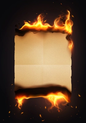 Burned old paper realistic concept one yellowing sheet is on fire against dark background vector illustration