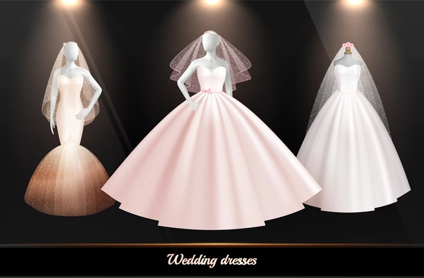 Bride wedding dress realistic icon set three dresses in different styles worn on white mannequins vector illustration