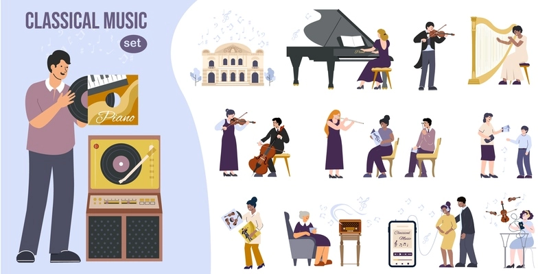 Classical music flat set of isolated compositions with characters of listeners musicians instruments and vinyl disks vector illustration