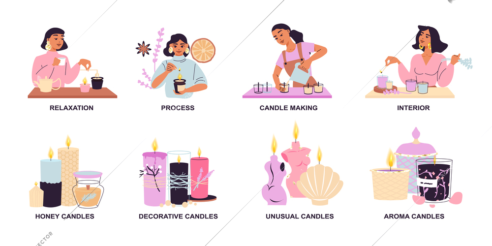 Trendy candles compositions set with honey candles symbols flat isolated vector illustration