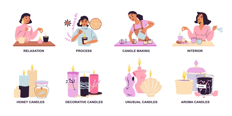 Trendy candles compositions set with honey candles symbols flat isolated vector illustration