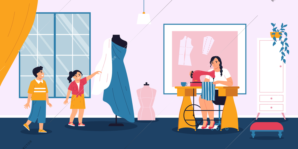 Sewing composition with indoor interior view and female character sewing on machine with pair of kids vector illustration