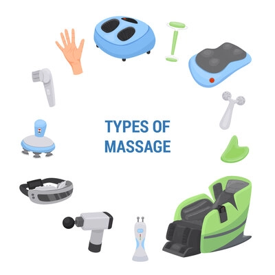 Massage tools infographic set with physiotherapy symbols flat vector illustration