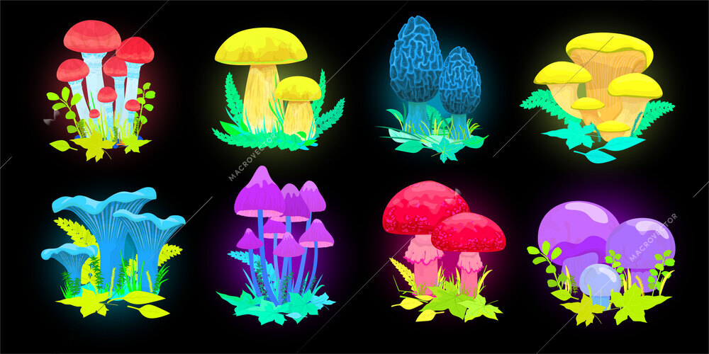 Magic glowing mushrooms set flat isolated vector illustration