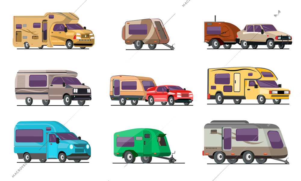 Recreational vehicles flat color set including wagon trailer camper isolated vector illustration