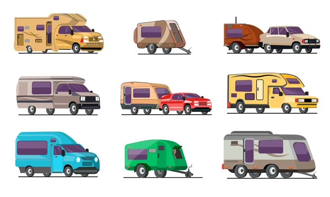 Recreational vehicles flat color set including wagon trailer camper isolated vector illustration