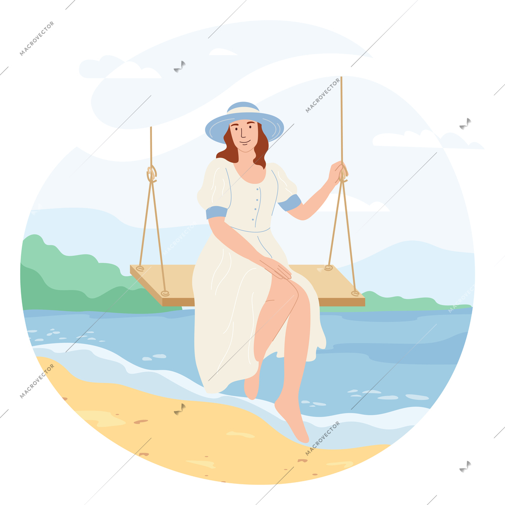 Woman wearing summer dress and hat swinging on rope swing on river bank flat vector illustration