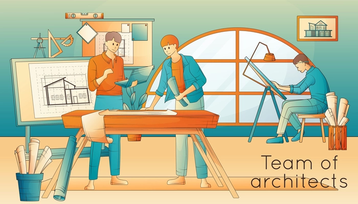 Architects working on architectural projects in office flat vector illustration