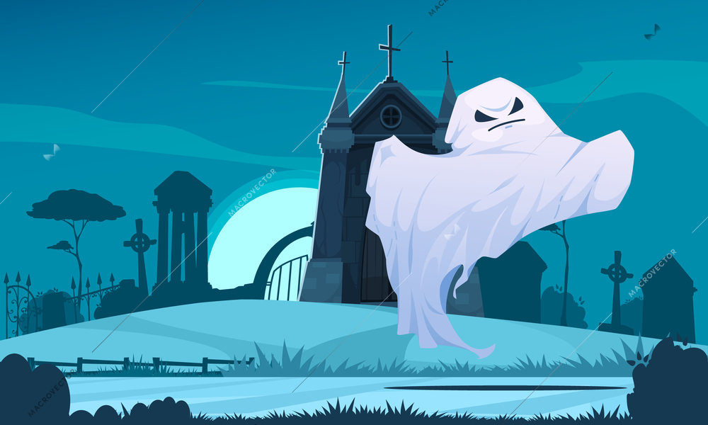 Ghost cartoon composition with spooky phanton and old church on background vector illustration