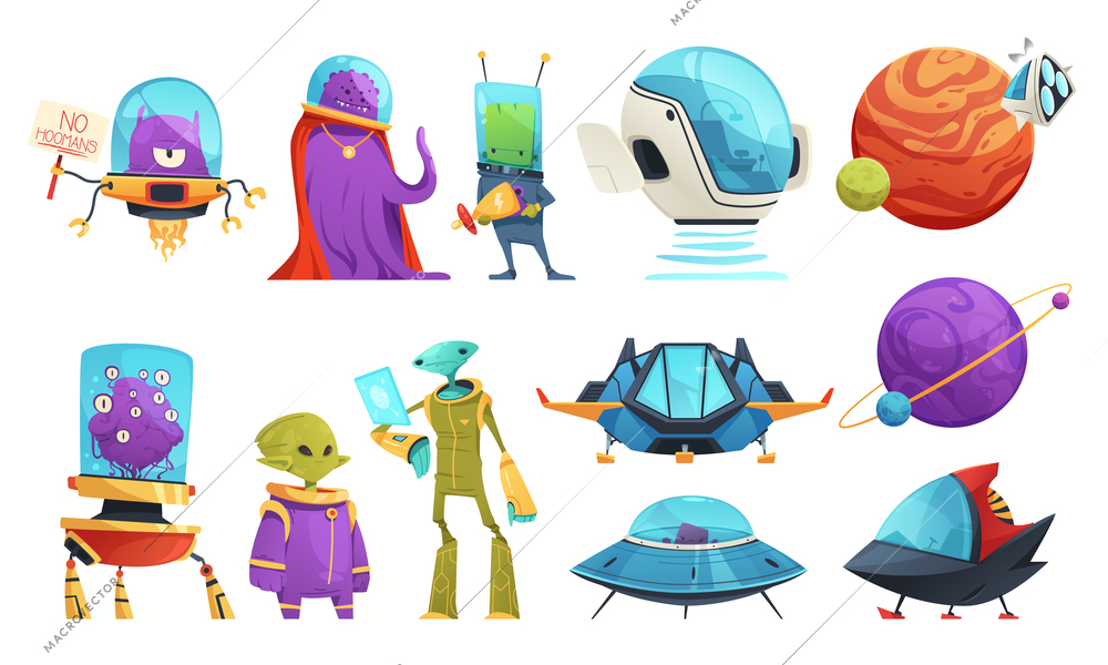 Ufo and alien cartoon characters icons set isolated vector illustration