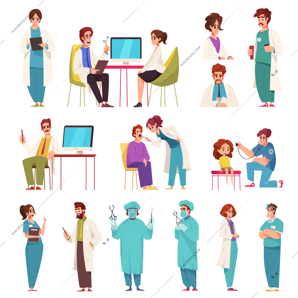 Doctor characters cartoon icons set with male and female physiciand and therapists isolated vector illustration