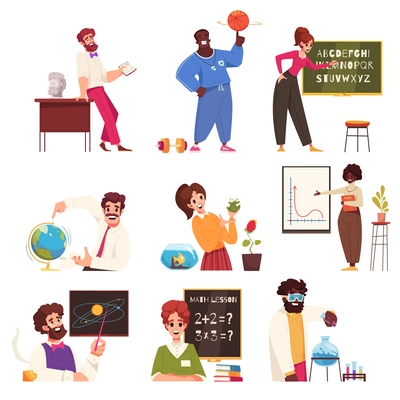 School subject teacher cartoon icons set with males and females teaching diffent sciences isolated vector illustration