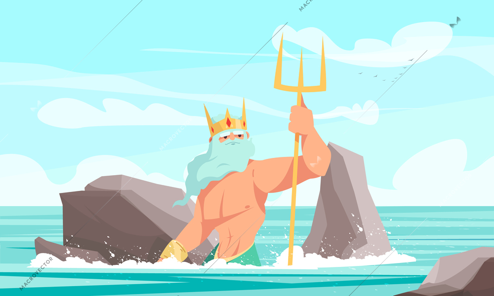 Underwater world cartoon concept with poseidon god holding trident vector illustration