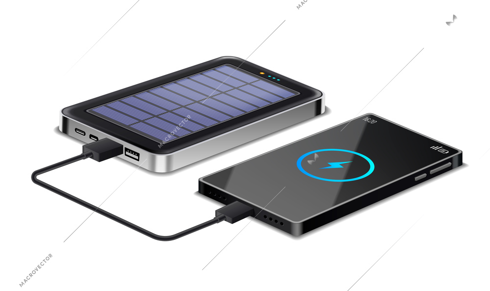 Powerbank battery charger realistic concept with mobile phone charging vector illustration