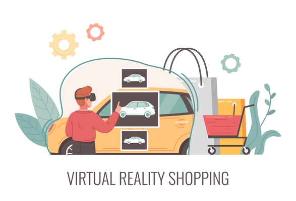 Virtual reality cartoon concept with man in vr headset choosing car vector illustration