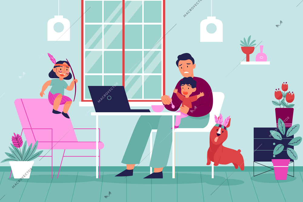 Flat stressed parenting concept with dad trying to feed baby while playful kid and dog disturbing him vector illustration