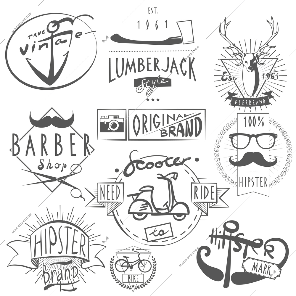 Hipster vintage original logos labels set in black with scooter bicycle and barbershop abstract vector isolated illustration