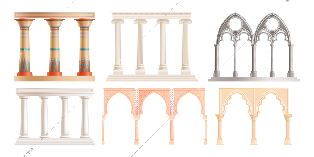 Realistic set of oriental roman greek stone columns and arches isolated on white background vector illustration