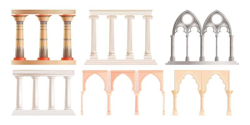 Realistic set of oriental roman greek stone columns and arches isolated on white background vector illustration