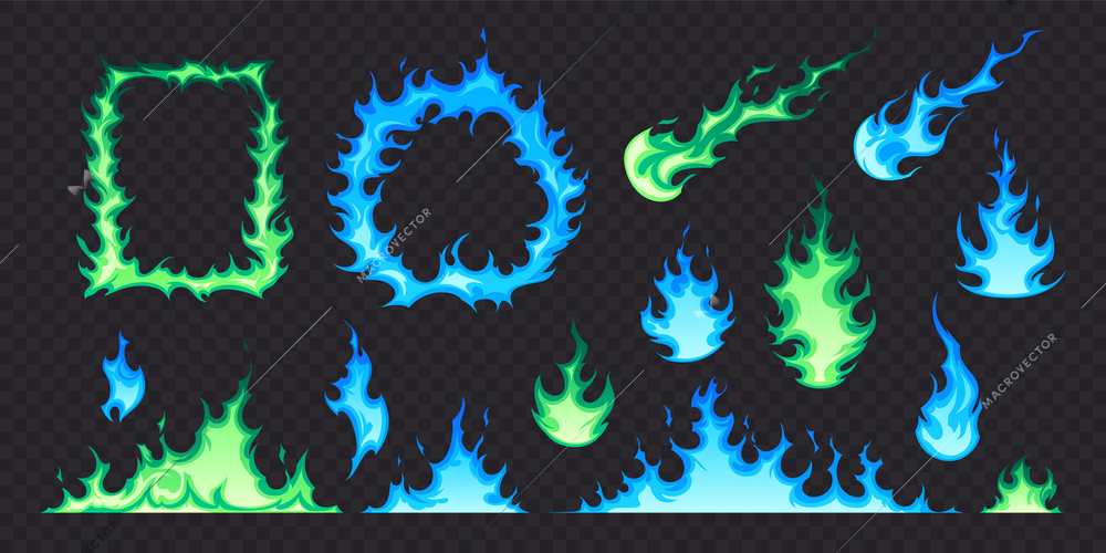 Fire flat set with green and blue flames of different shape isolated on transparent background vector illustration