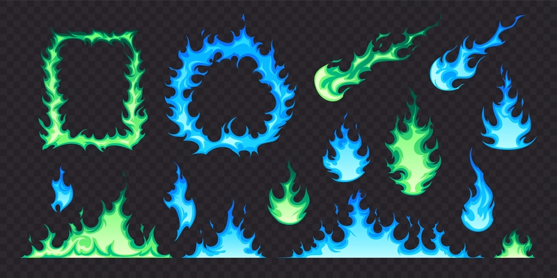 Fire flat set with green and blue flames of different shape isolated on transparent background vector illustration