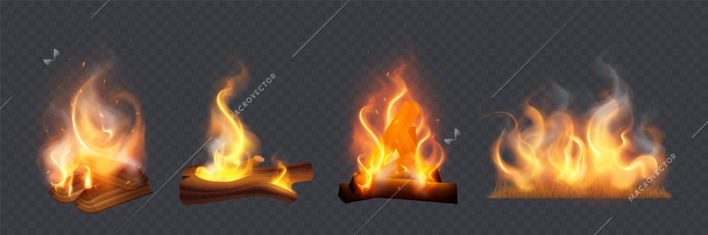 Campfire fireplace burning lump wood and grass realistic set isolated on transparent background vector illustration