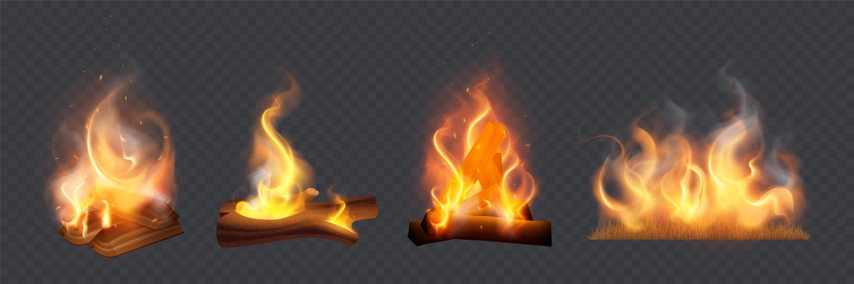 Campfire fireplace burning lump wood and grass realistic set isolated on transparent background vector illustration