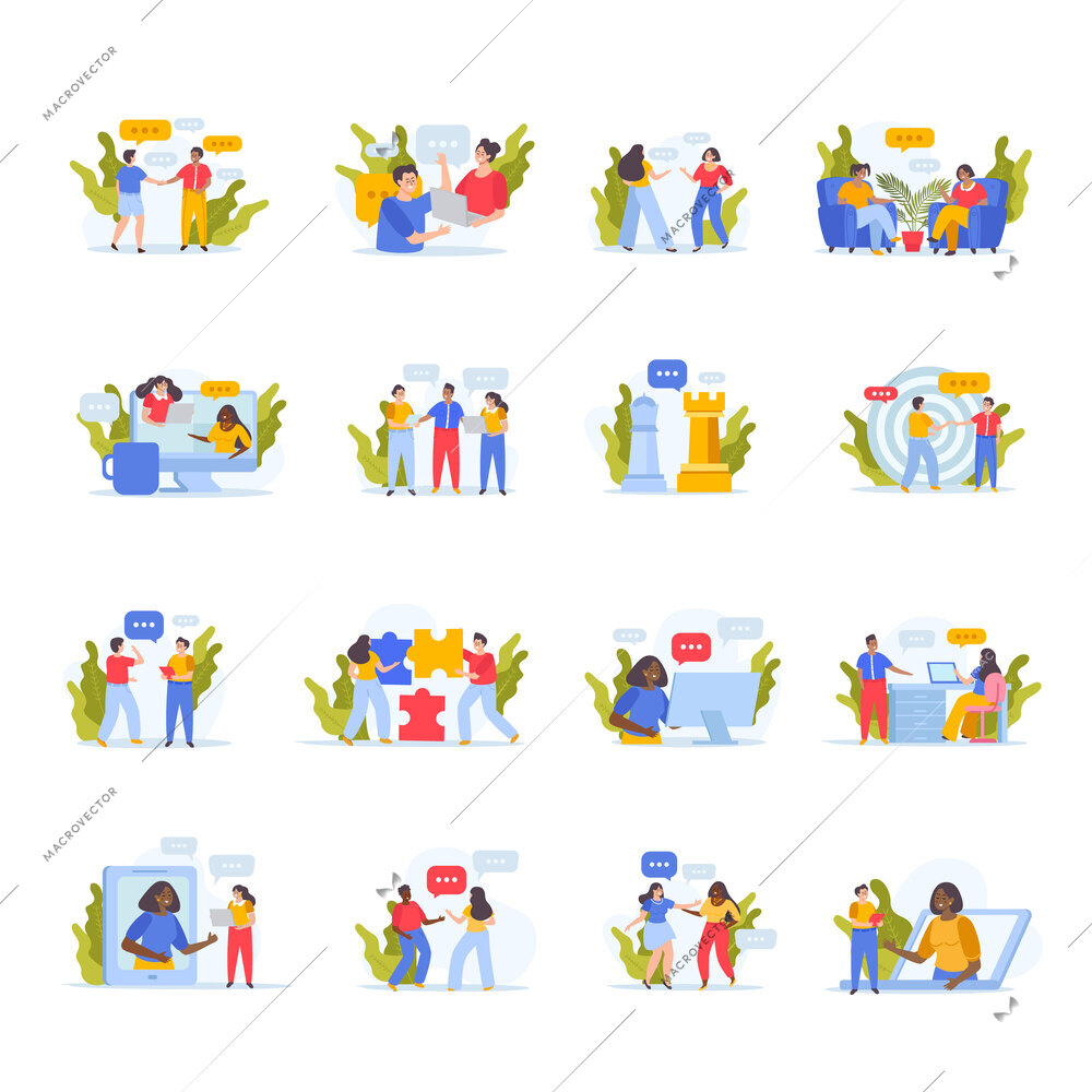 Negotiations concept set with isolated compositions of flat human characters puzzle pieces gadget icons chat bubbles vector illustration