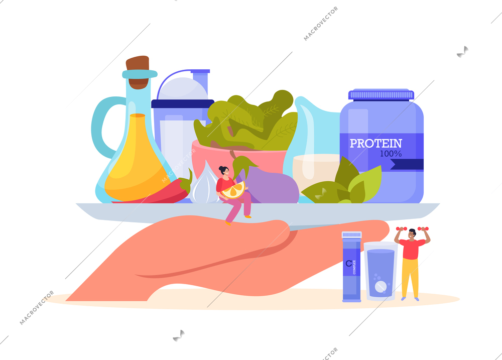 Sport nutrition flat composition with human characters and huge hand holding tray with food products supplements vector illustration