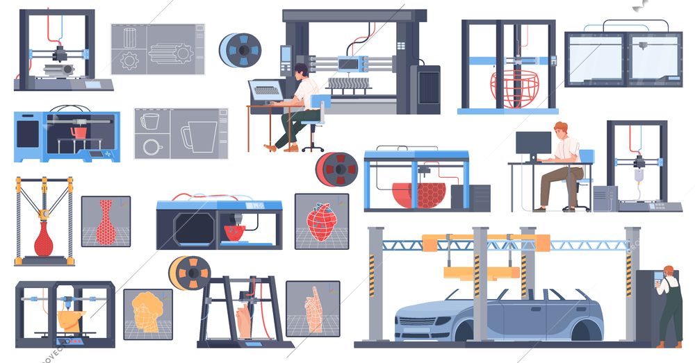 Set with isolated 3d printing compositions of flat icons printing facilities frames and fully printed products vector illustration