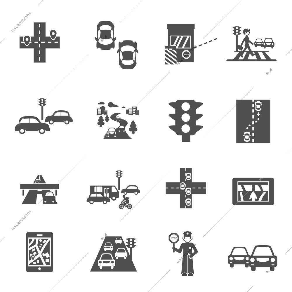 Traffic icons black set with cars navigation and policeman isolated vector illustration