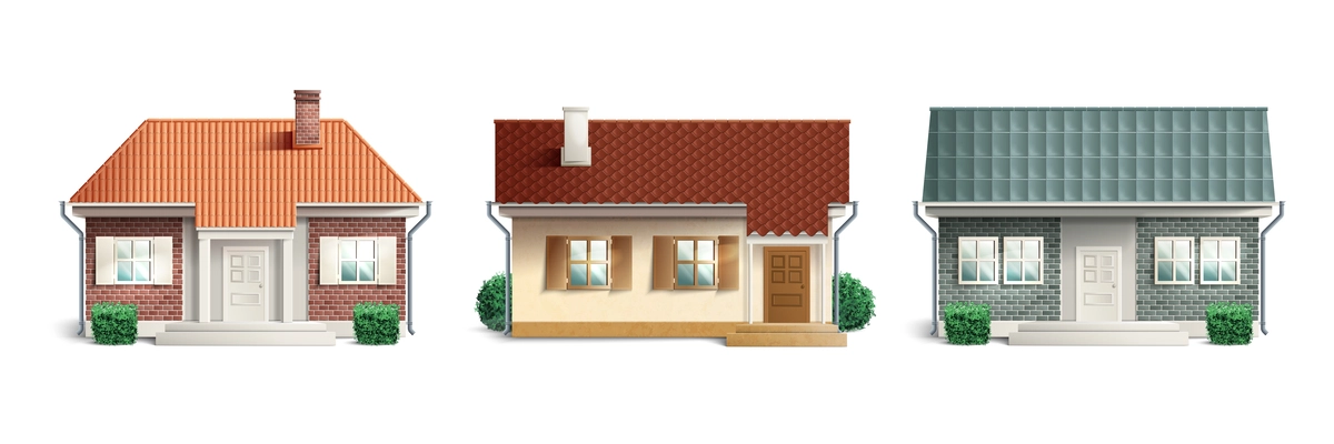 Realistic cottage tile icon set three houses in different styles and colors with different roofs vector illustration