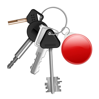 Realistic keys keyholes composition five different keys hang from ring with keychain to find the keys vector illustration