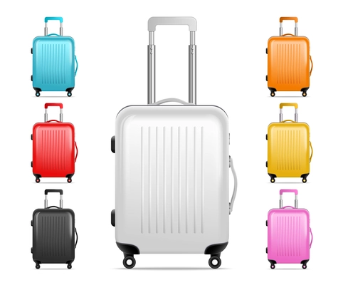 Realistic isolated travel baggage icon set one big and six mini plastic suitcases vector illustration