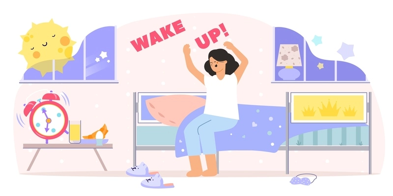 Wake up alarm flat composition with indoor view of bedroom with stretching and yawning female character vector illustration