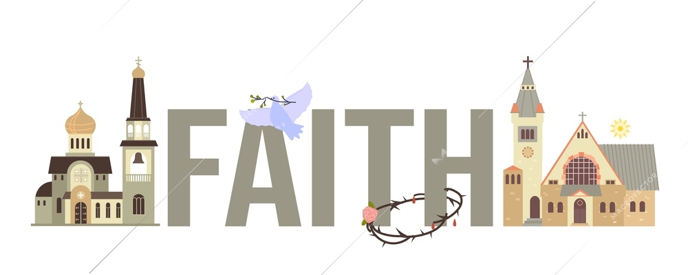Church interior composition with flat text faith with flying dove and front views of christian churches vector illustration