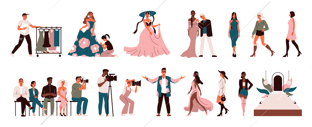 Fashion show set with isolated human characters of event participants ladies in dresses with photographers videographers vector illustration