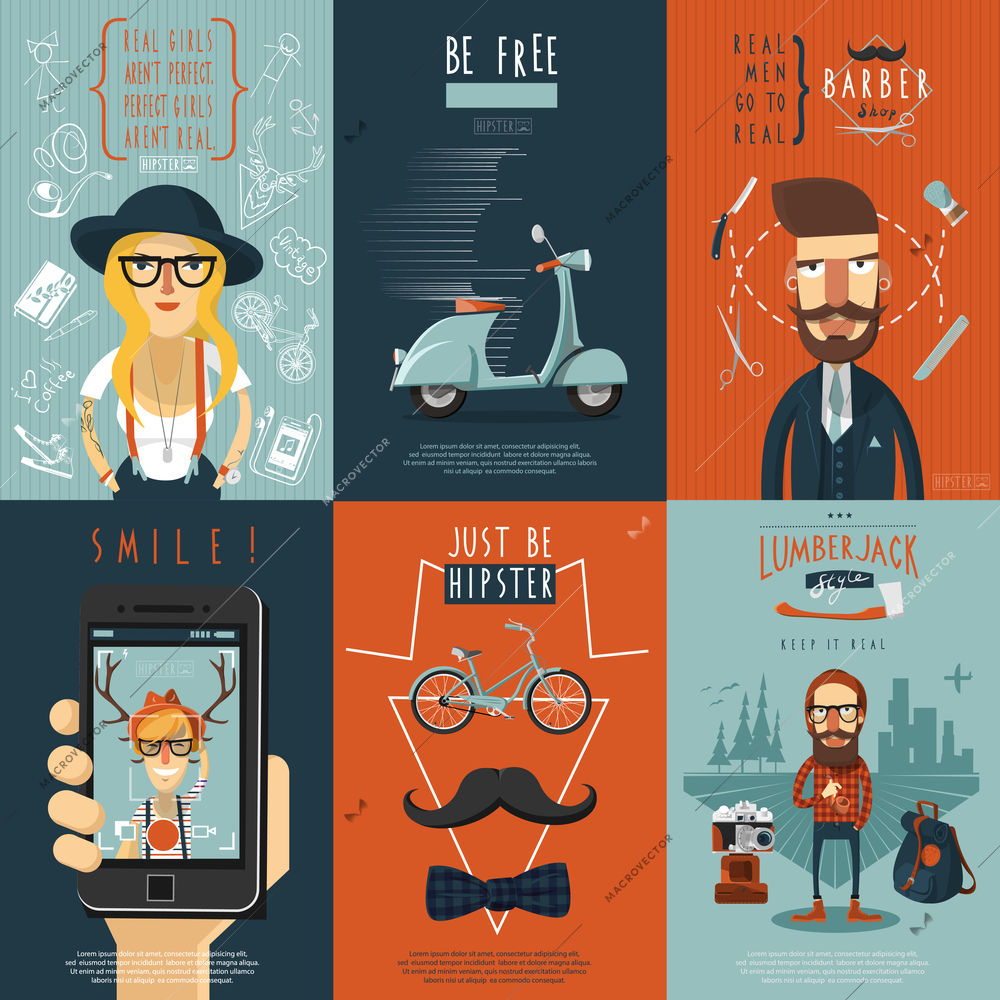 Real free hipster in skinny jeans barber shop scooter flat icons composition poster abstract isolated vector illustration