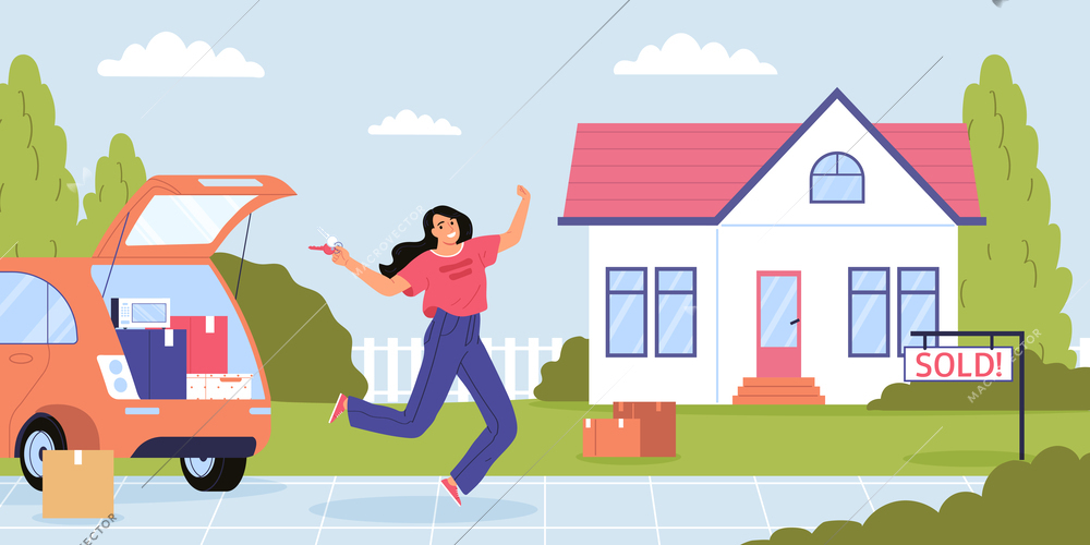 Real estate flat concept with happy woman moving to new house vector illustration