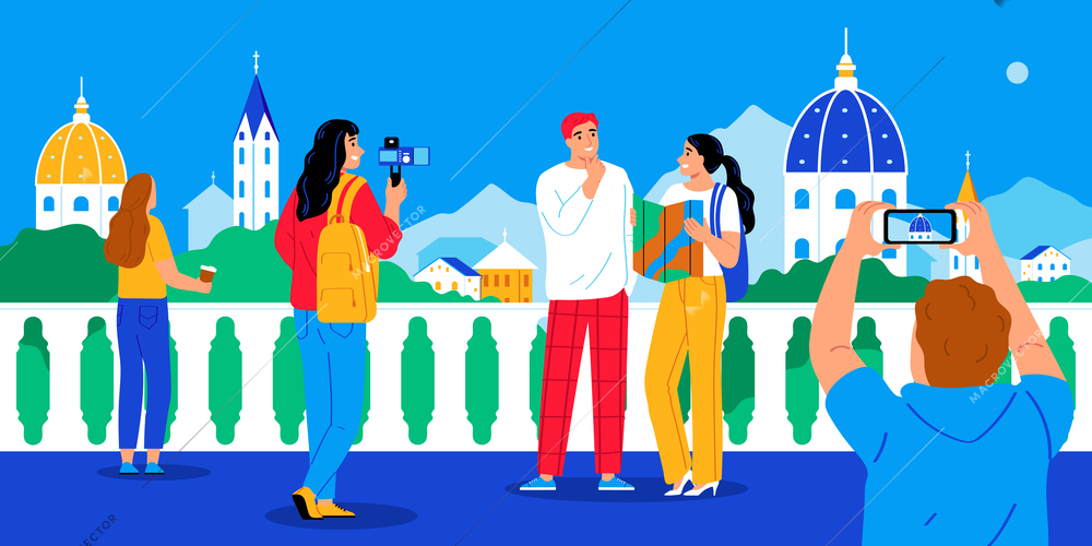 Travel blogger flat poster with young people with mobile devices go sightseeing vector illustration
