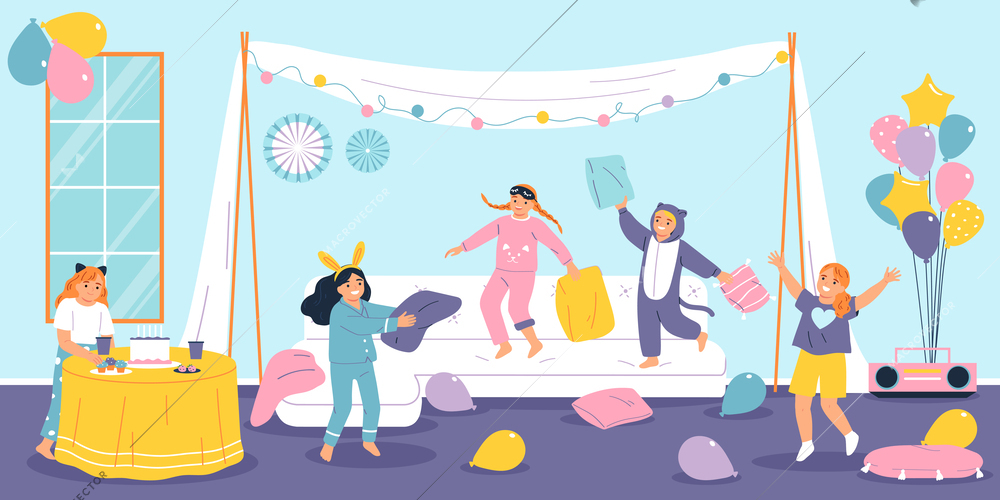 Children pagama party flat composition with happy kids jumping on couch vector illustration