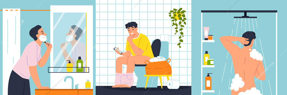 Daily hygiene routine concept set with men in bathroom isolated vector illustration