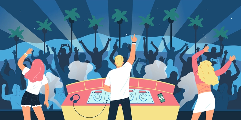 Music open air flat concept with people dancing outdoors vector illustration