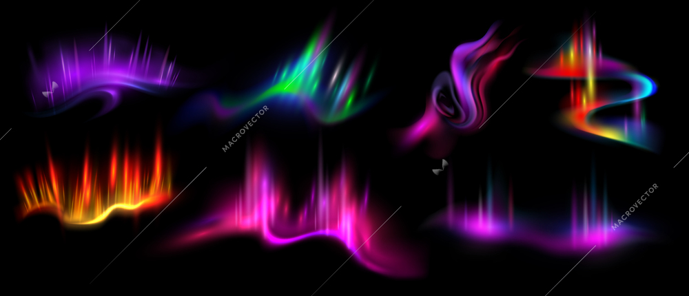 Arctic aurora realistic set of polar phenomenon with different abstract shapes and colors at black background vector illustration vector illustration