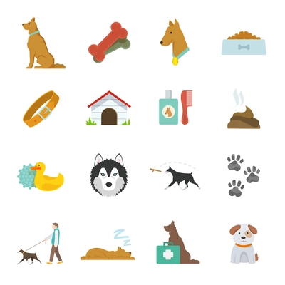 Dog icons flat set with dung kennel leash food bowl isolated vector illustration