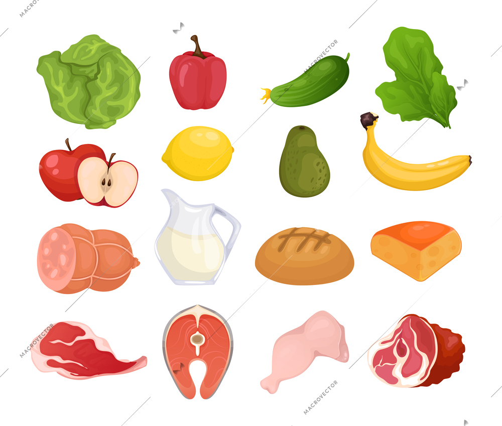 Fresh food cartoon set of fruits vegetables meat and milk useful products isolated vector illustration