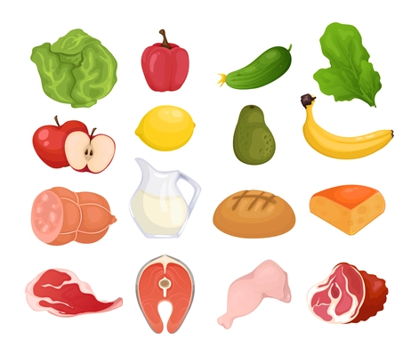 Fresh food cartoon set of fruits vegetables meat and milk useful products isolated vector illustration