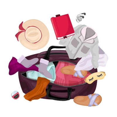 Travel baggage cartoon colored design concept with opened trip bag full of clothe items and beach accessories vector illustration