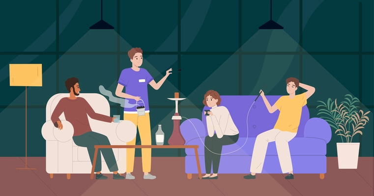 Hookah bar flat composition the group of  people in the bar smoking hookah and the hookah maker is changing coals in it vector illustration