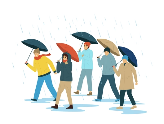 Bad weather people flat concept warmly dressed people walking under umbrellas in rainy weather vector illustration
